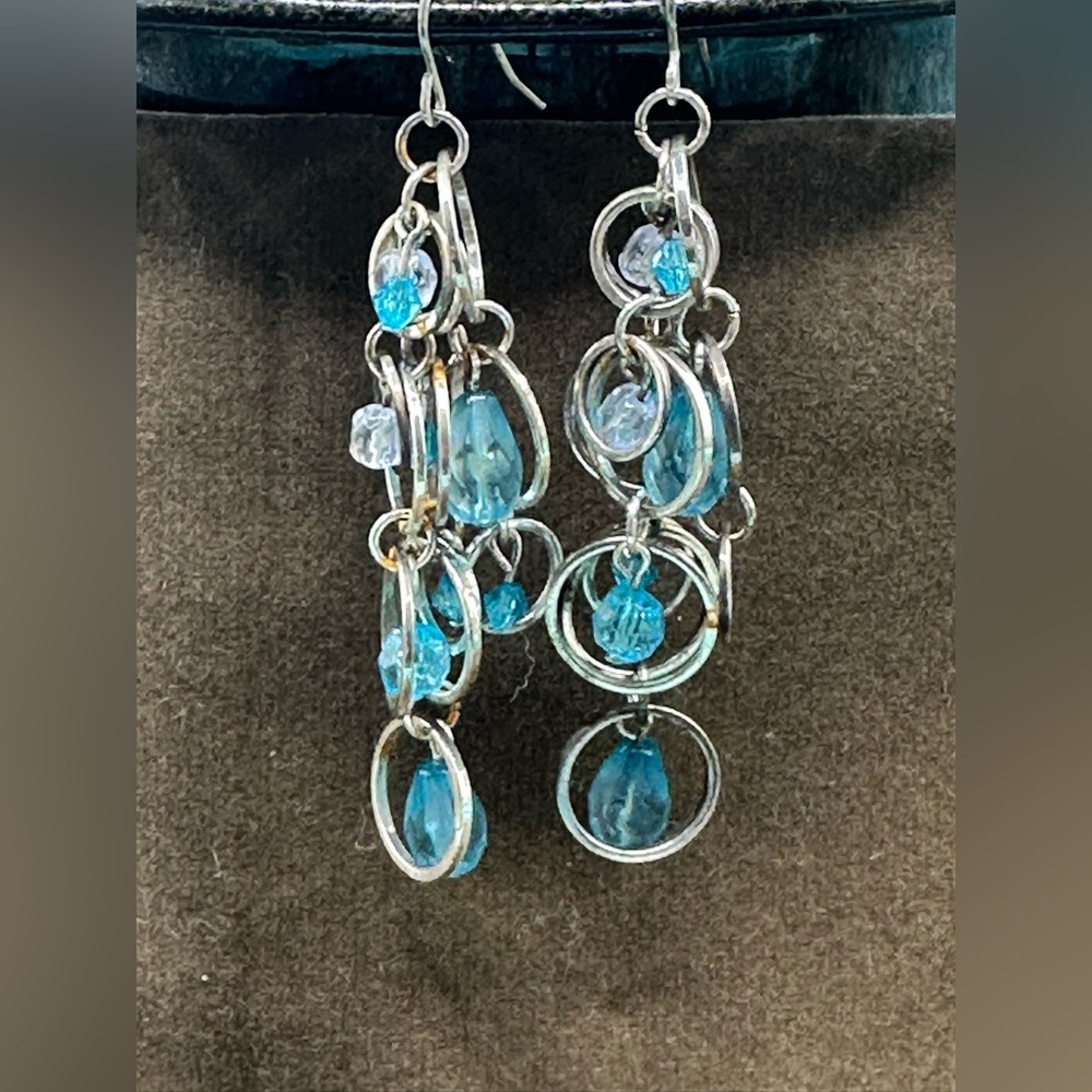 Elegant Silver and Blue Bead Dangle Earrings